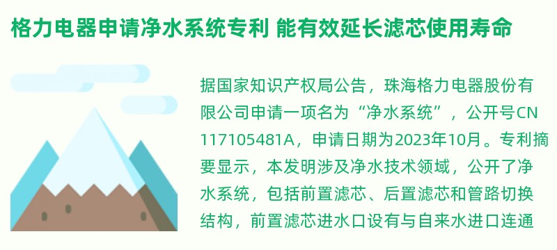 格力电器申请净水系统专利 能有效延长滤芯使用寿命